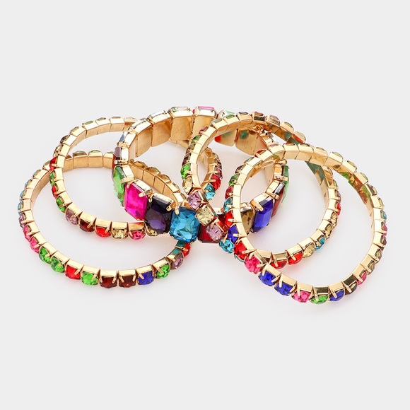 5 piece emerald cut round stone stretch bracelet - Picture 2 of 3